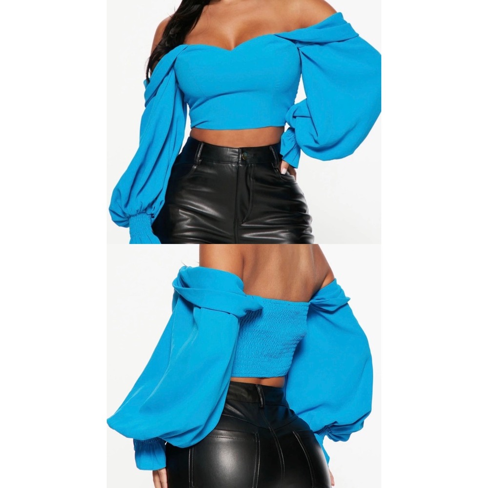 Fashion Nova Simply Amazing Turquoise Blue Balloon Sleeve Crop Top‎ ZT10039FN M